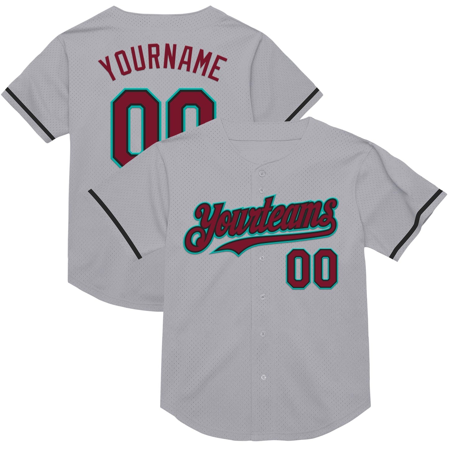 Custom Gray Crimson Black-Aqua Mesh Authentic Throwback Baseball Jersey - Main View