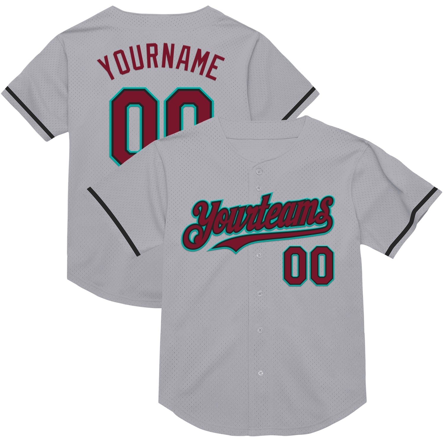 Custom Gray Crimson Black-Aqua Mesh Authentic Throwback Baseball Jersey - Main View