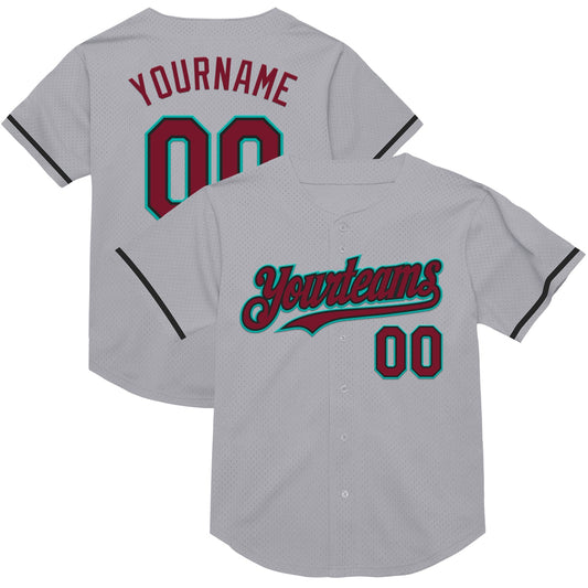 Custom Gray Crimson Black-Aqua Mesh Authentic Throwback Baseball Jersey - Main View