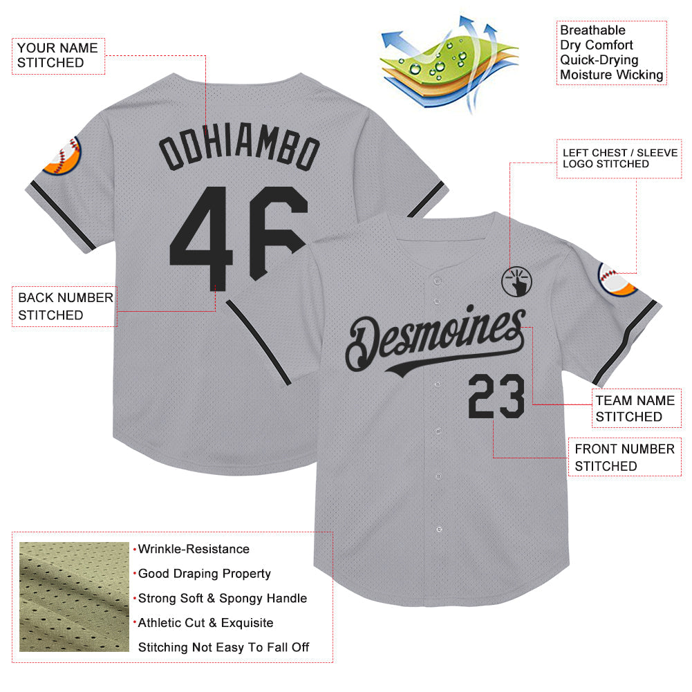 Custom Gray Black Mesh Authentic Throwback Baseball Jersey view 3