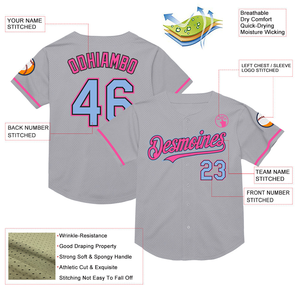 Custom Gray Light Blue Black-Pink Mesh Authentic Throwback Baseball Jersey view 3