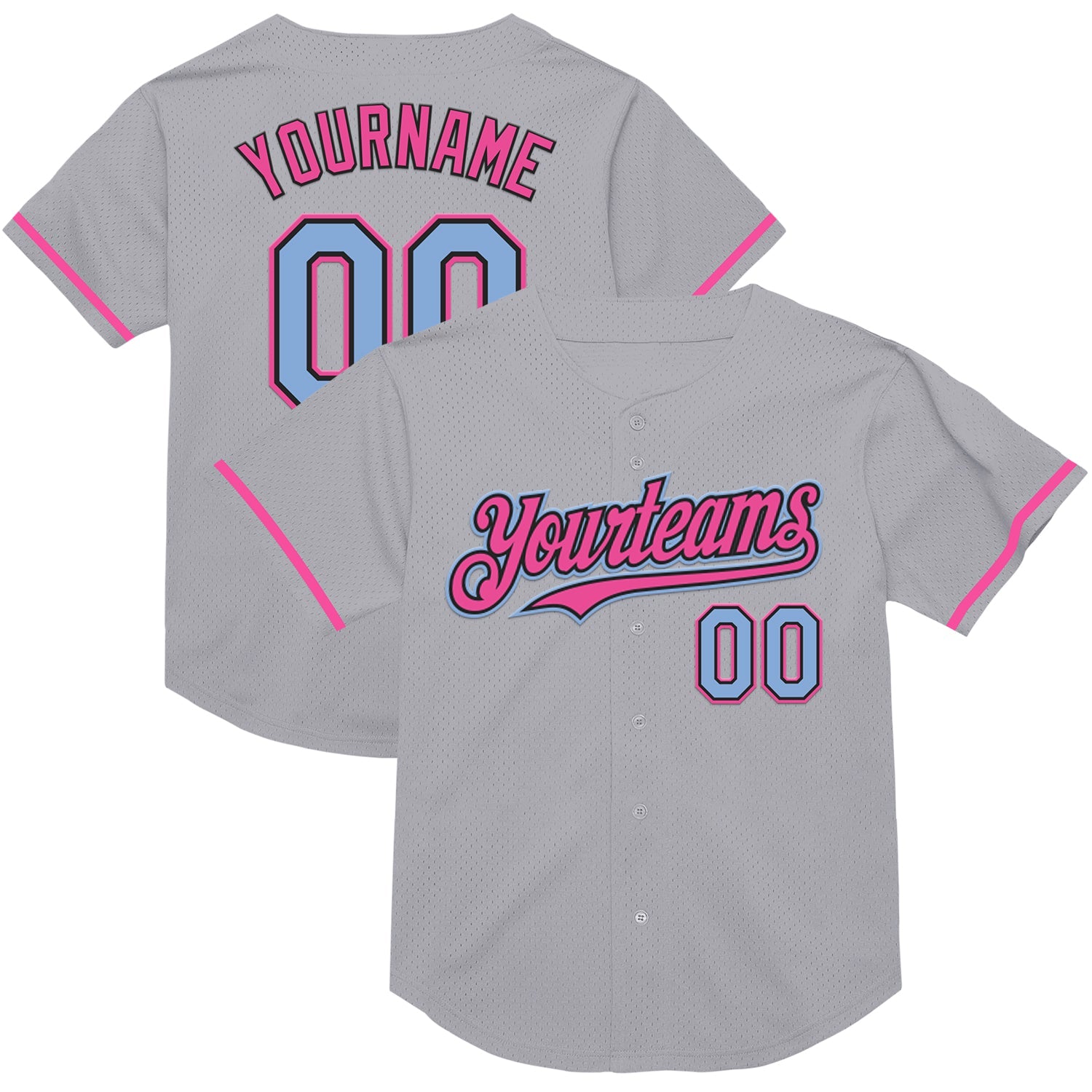 Custom Gray Light Blue Black-Pink Mesh Authentic Throwback Baseball Jersey - Main View