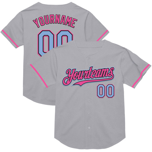 Custom Gray Light Blue Black-Pink Mesh Authentic Throwback Baseball Jersey - Main View