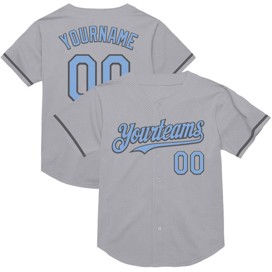 Custom Gray Light Blue-Steel Gray Mesh Authentic Throwback Baseball Jersey - Main View