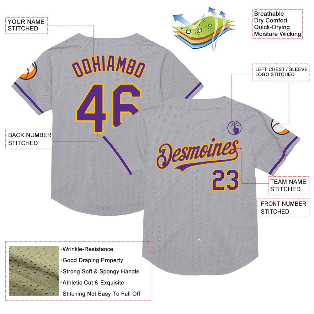 Custom Gray Purple-Gold Mesh Authentic Throwback Baseball Jersey view 3