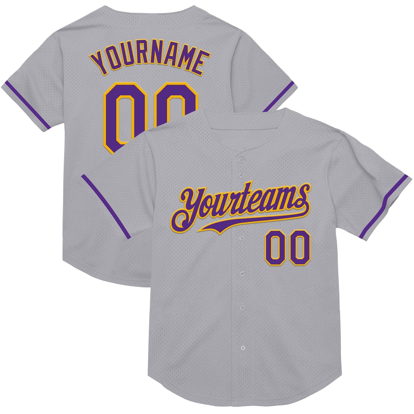 Custom Gray Purple-Gold Mesh Authentic Throwback Baseball Jersey - Main View