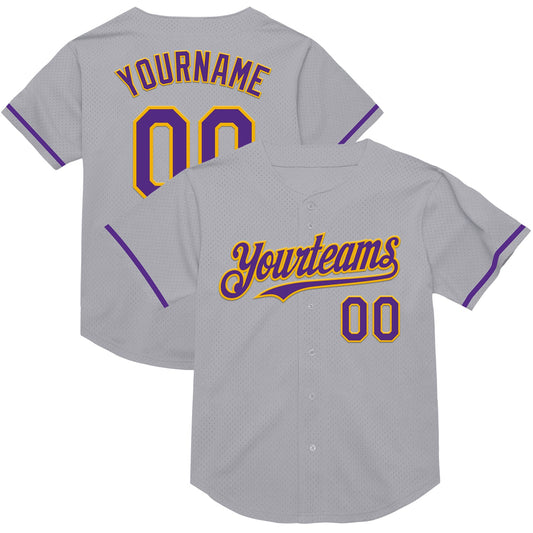 Custom Gray Purple-Gold Mesh Authentic Throwback Baseball Jersey - Main View