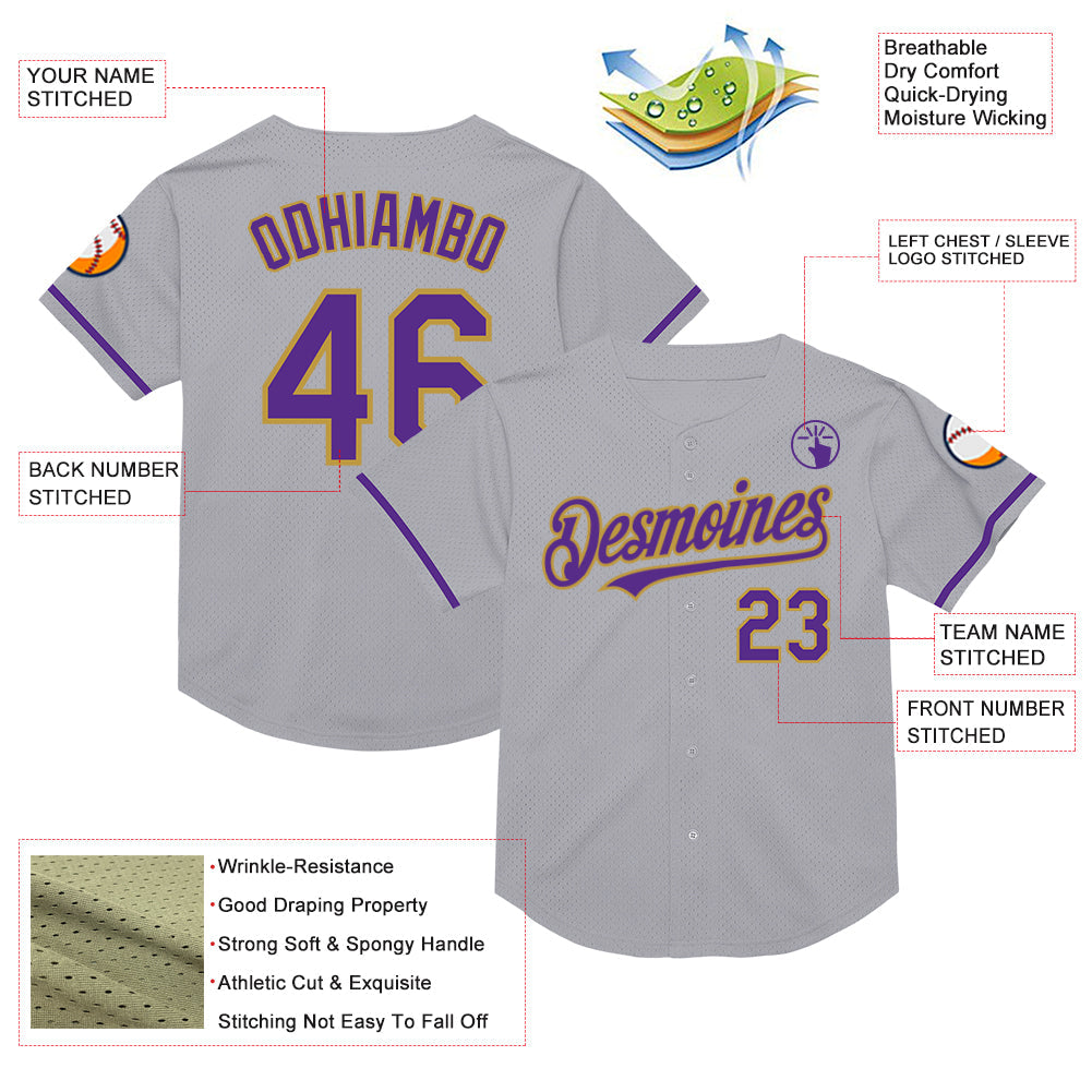 Custom Gray Purple-Old Gold Mesh Authentic Throwback Baseball Jersey view 3