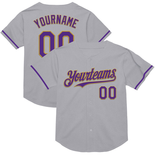 Custom Gray Purple-Old Gold Mesh Authentic Throwback Baseball Jersey - Main View