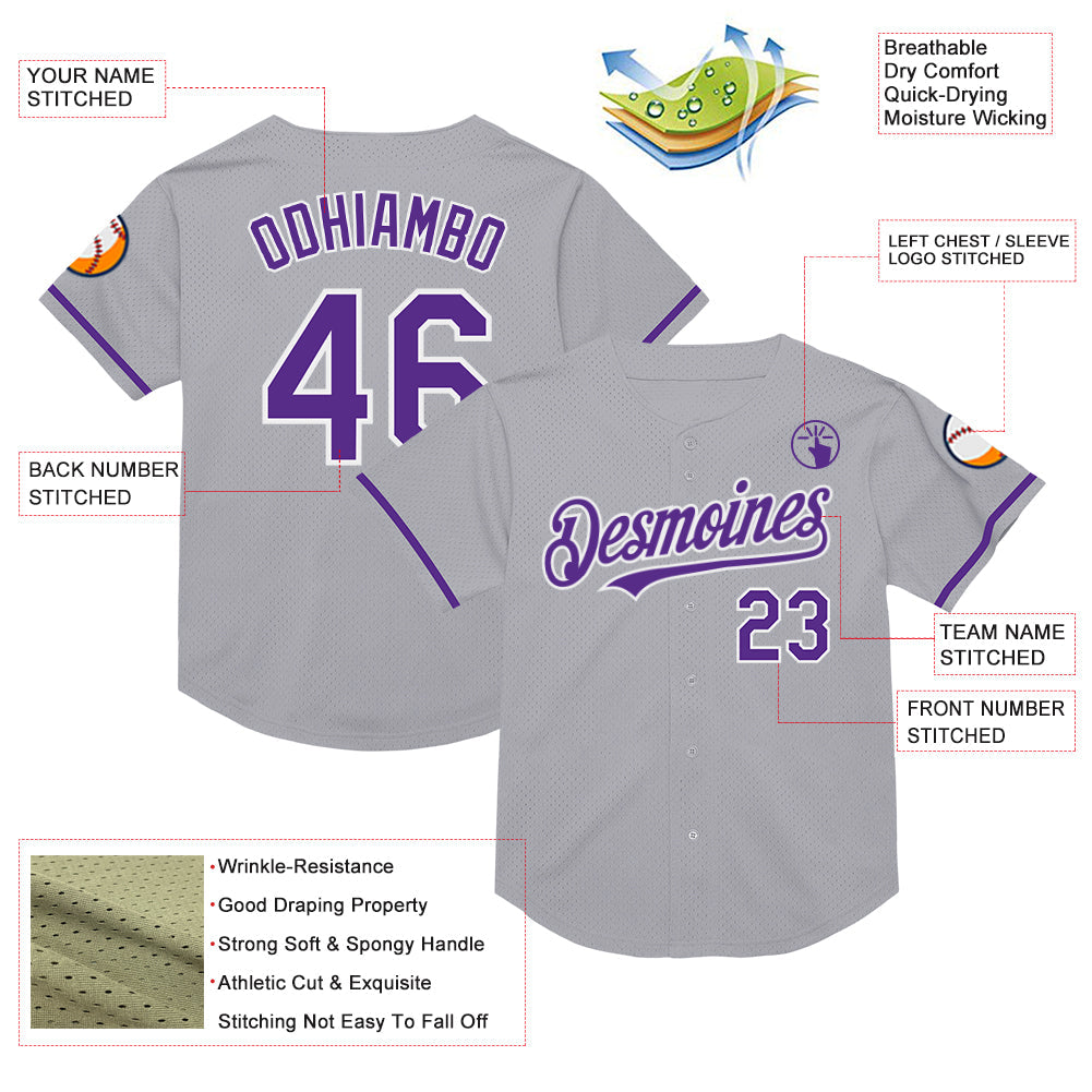 Custom Gray Purple-White Mesh Authentic Throwback Baseball Jersey view 3