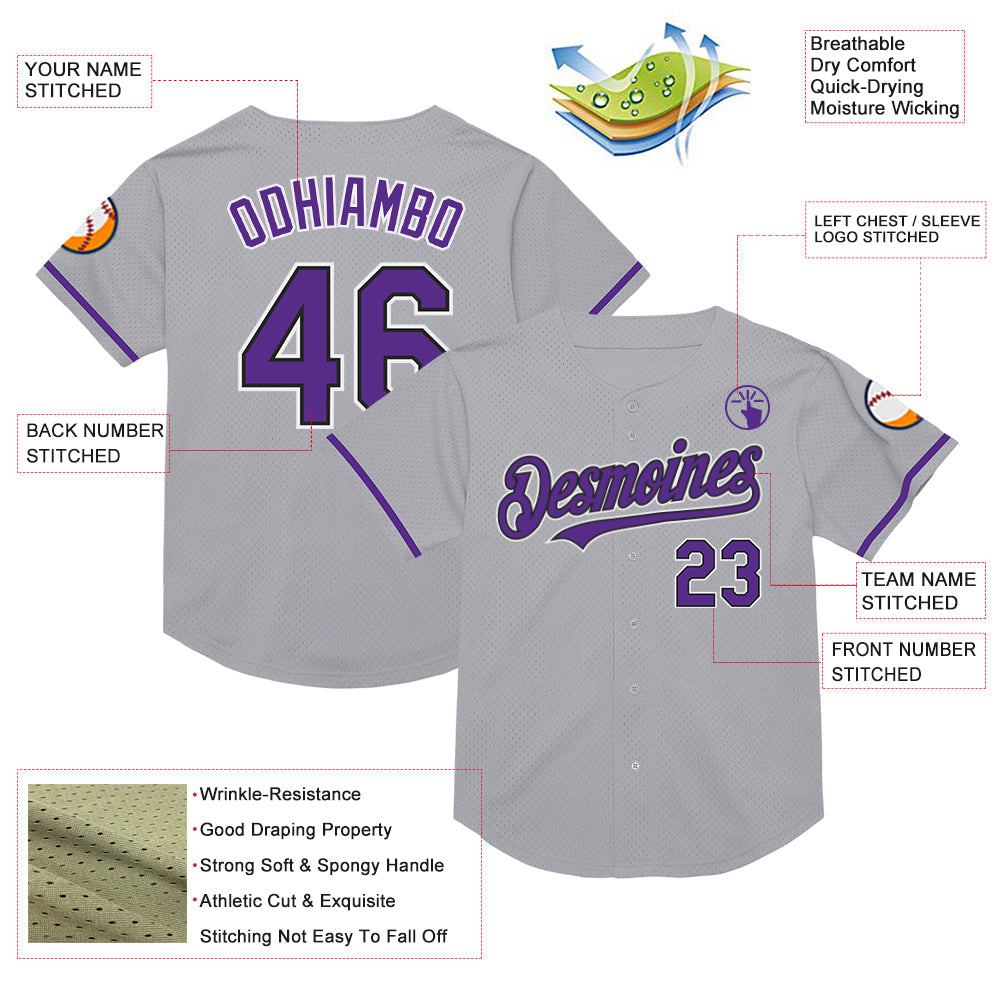 Custom Gray Purple-Black Mesh Authentic Throwback Baseball Jersey view 3