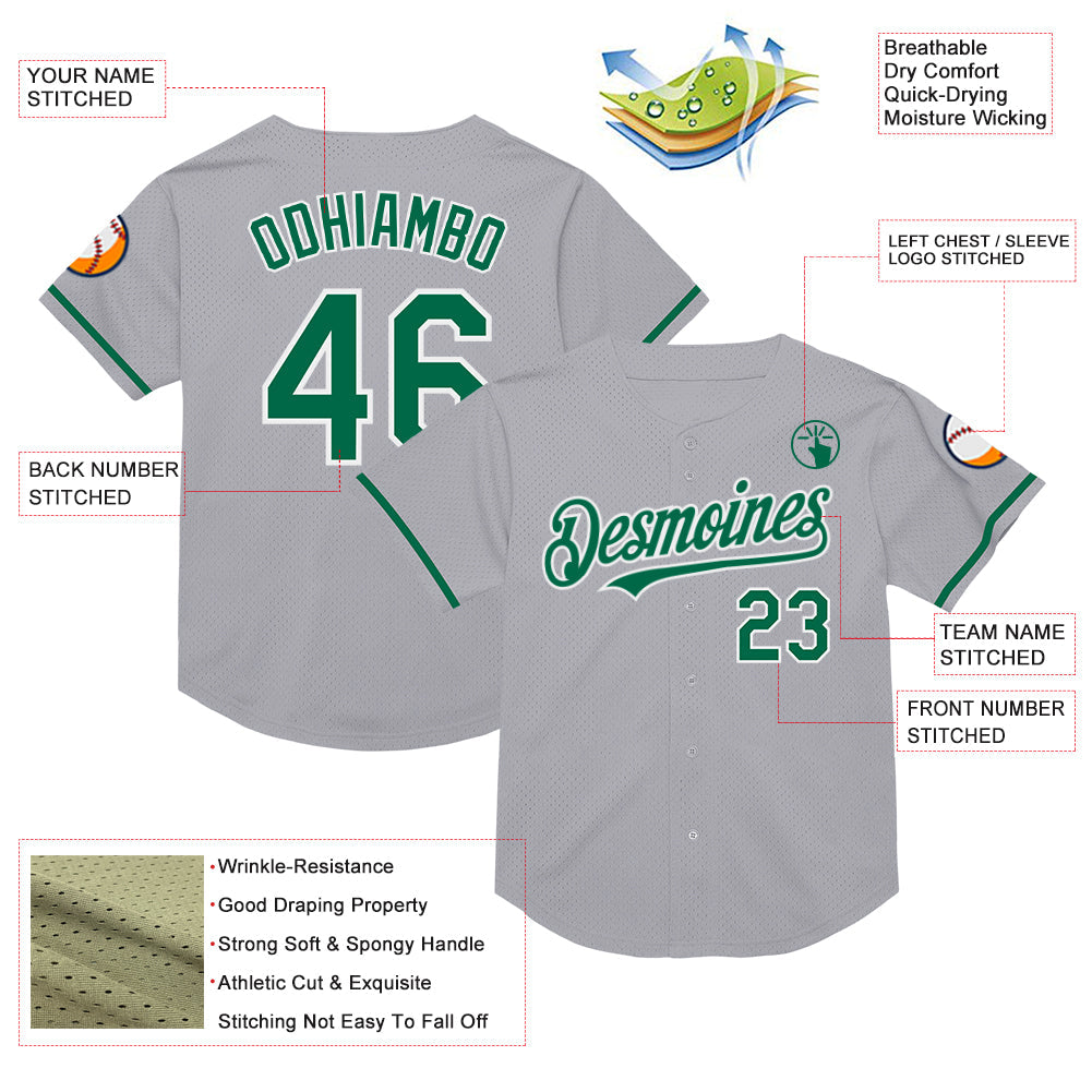 Custom Gray Kelly Green-Black Mesh Authentic Throwback Baseball Jersey view 3
