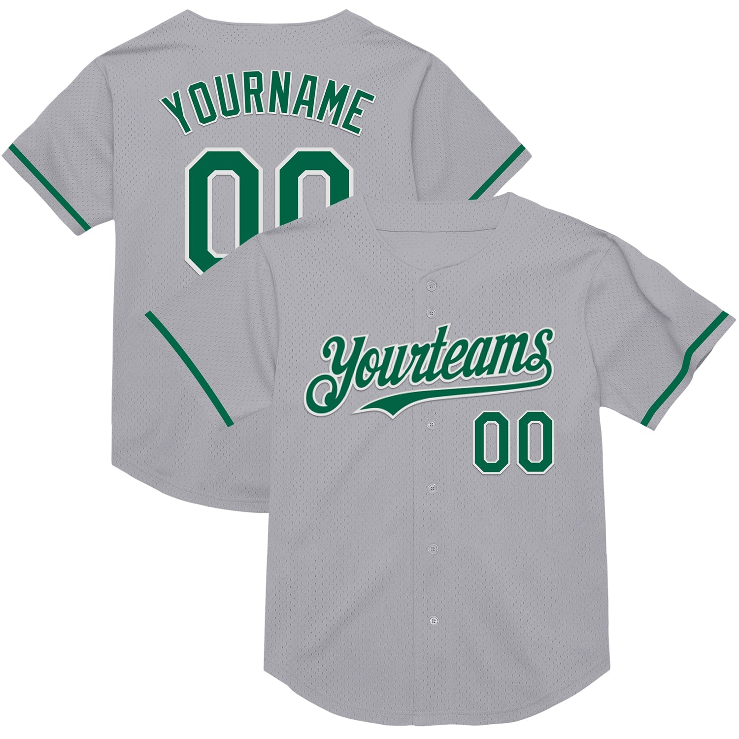 Custom Gray Kelly Green-Black Mesh Authentic Throwback Baseball Jersey - Main View