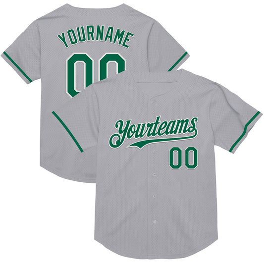 Custom Gray Kelly Green-Black Mesh Authentic Throwback Baseball Jersey - Main View