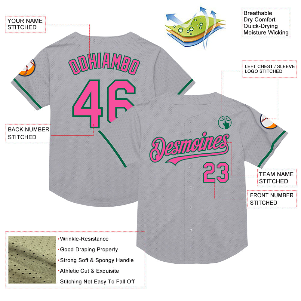 Custom Gray Pink-Kelly Green Mesh Authentic Throwback Baseball Jersey view 3