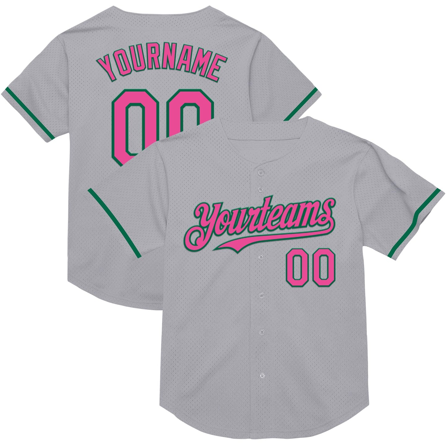 Custom Gray Pink-Kelly Green Mesh Authentic Throwback Baseball Jersey - Main View