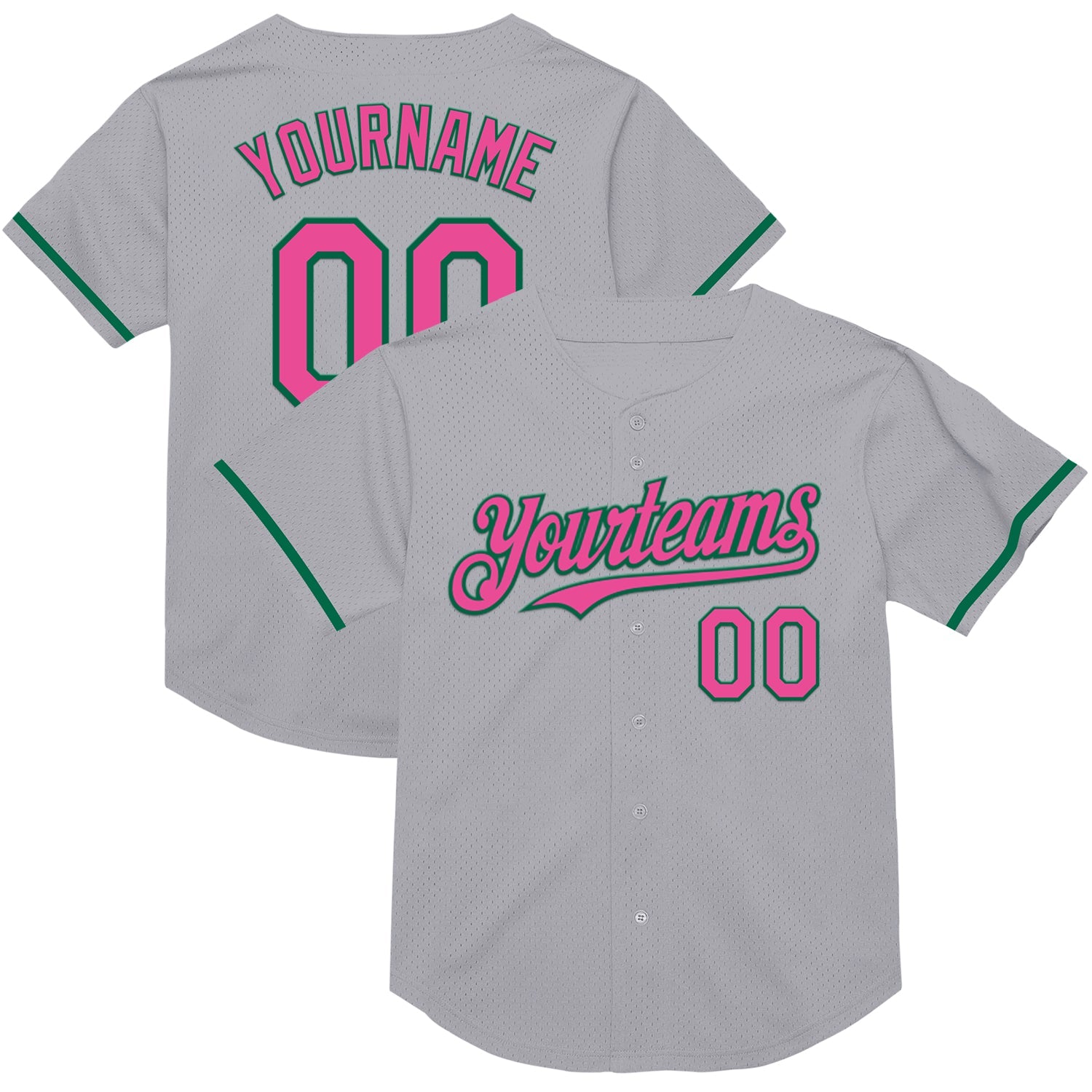 Custom Gray Pink-Kelly Green Mesh Authentic Throwback Baseball Jersey - Main View