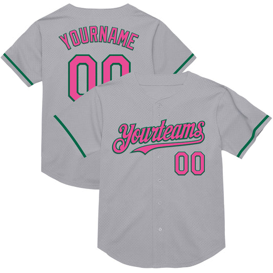 Custom Gray Pink-Kelly Green Mesh Authentic Throwback Baseball Jersey - Main View