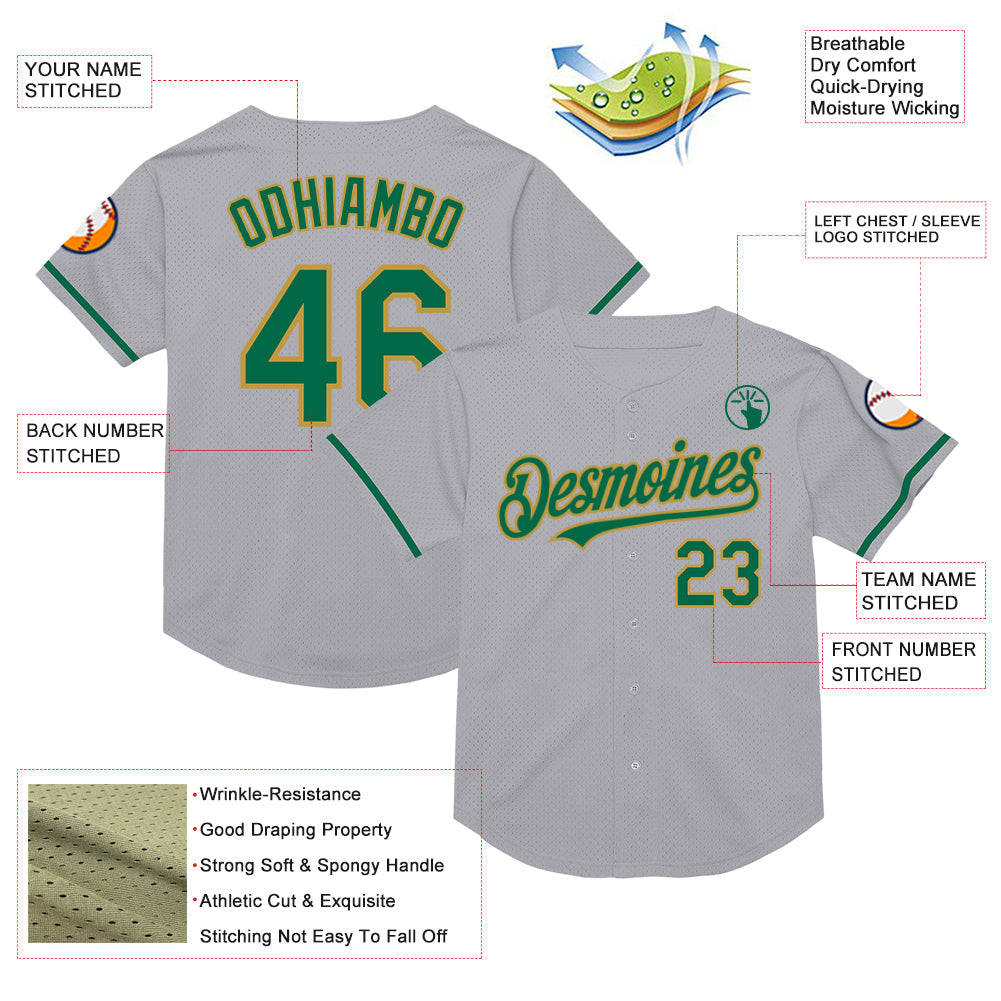Custom Gray Kelly Green-Old Gold Mesh Authentic Throwback Baseball Jersey view 3