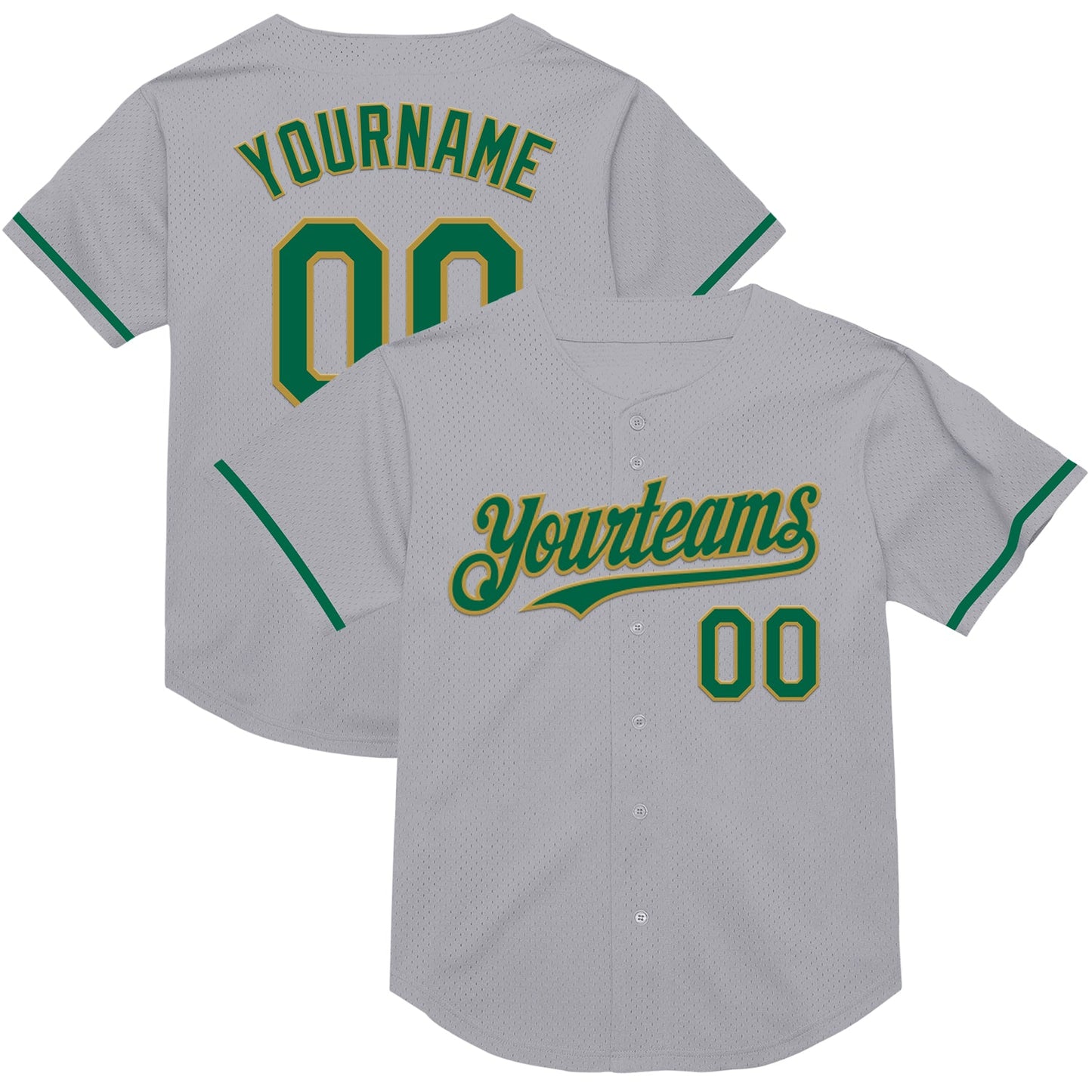 Custom Gray Kelly Green-Old Gold Mesh Authentic Throwback Baseball Jersey - Main View