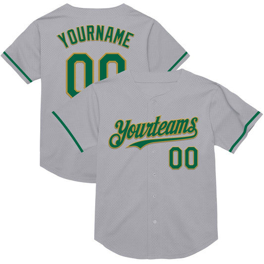 Custom Gray Kelly Green-Old Gold Mesh Authentic Throwback Baseball Jersey - Main View
