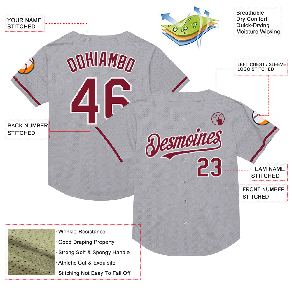 Custom Gray Crimson-White Mesh Authentic Throwback Baseball Jersey view 3