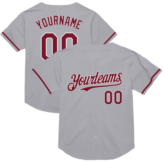 Custom Gray Crimson-White Mesh Authentic Throwback Baseball Jersey - Main View