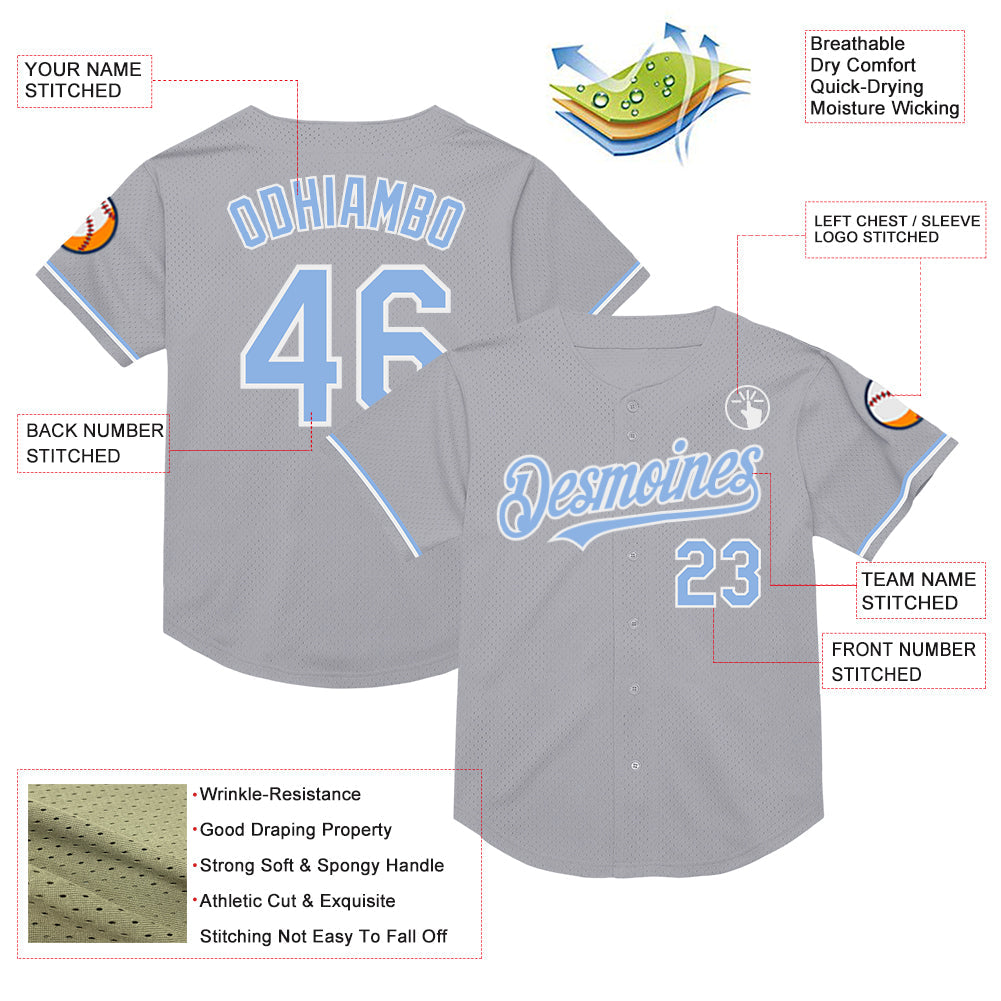 Custom Gray Light Blue-White Mesh Authentic Throwback Baseball Jersey view 3