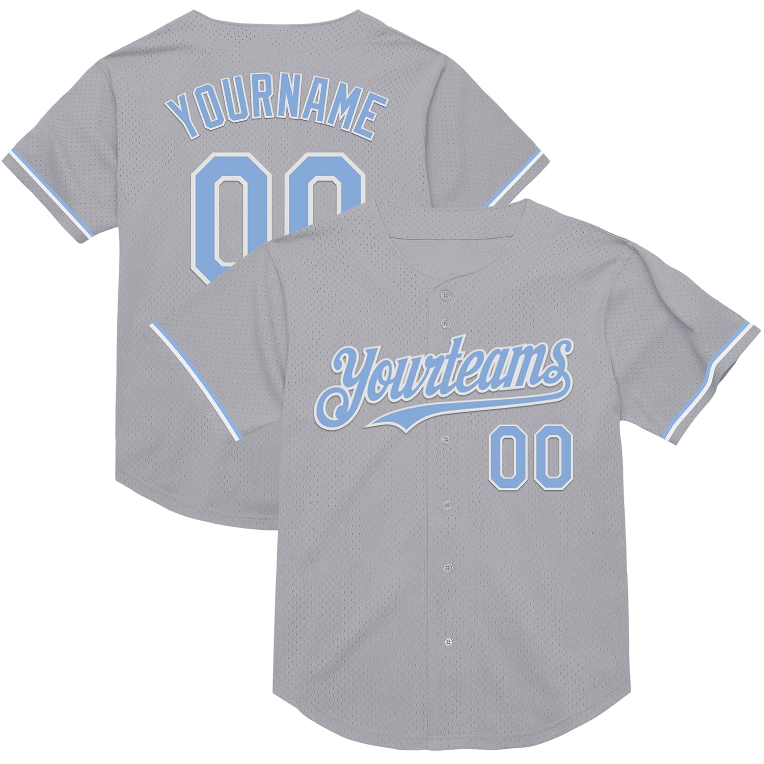 Custom Gray Light Blue-White Mesh Authentic Throwback Baseball Jersey - Main View
