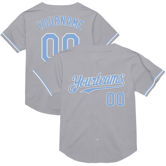 Custom Gray Light Blue-White Mesh Authentic Throwback Baseball Jersey - Main View