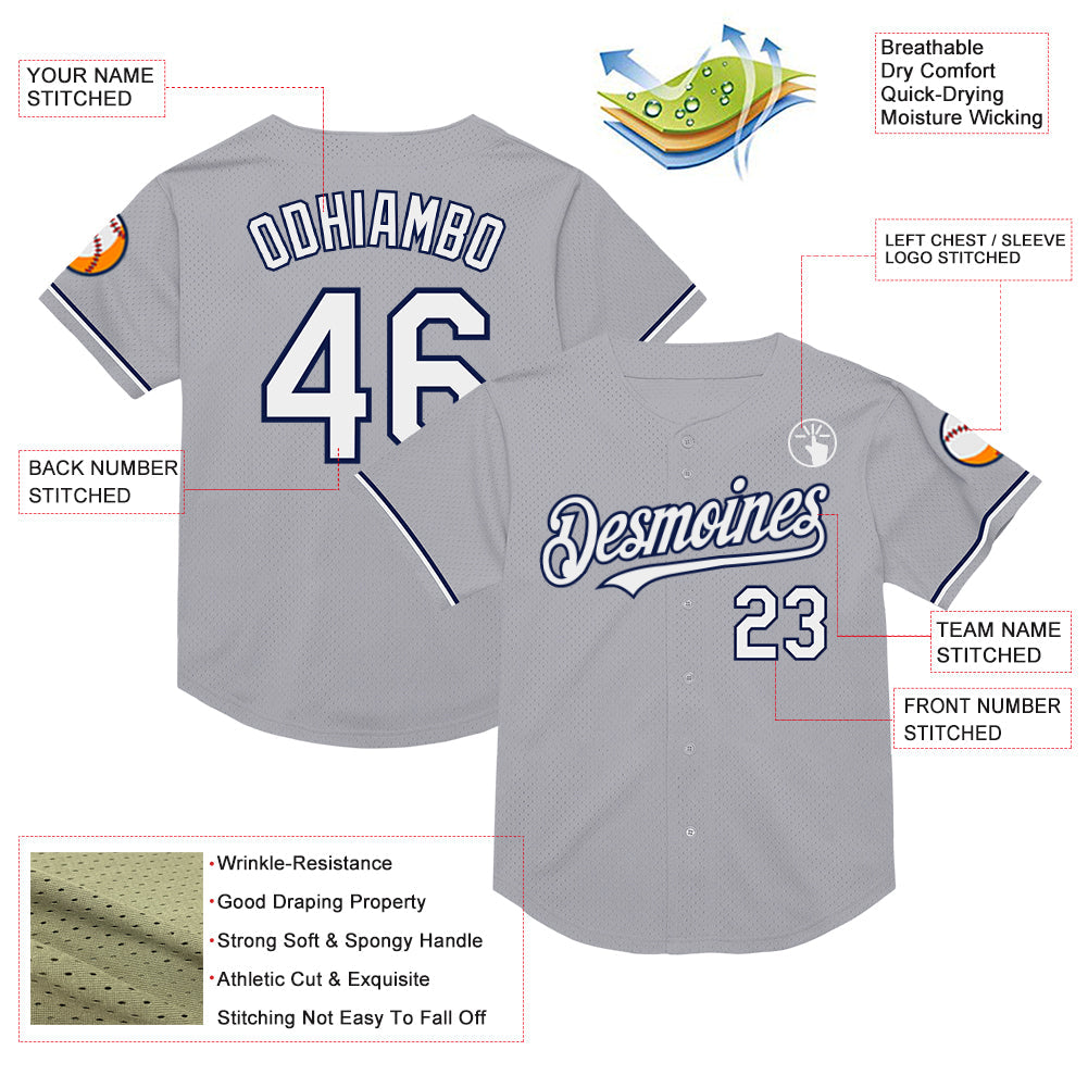 Custom Gray White-Navy Mesh Authentic Throwback Baseball Jersey view 3