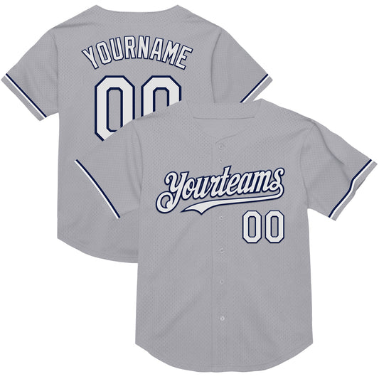 Custom Gray White-Navy Mesh Authentic Throwback Baseball Jersey - Main View