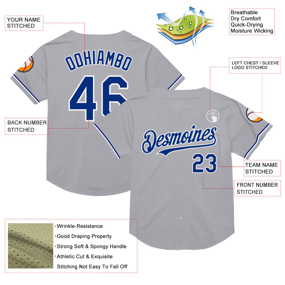 Custom Gray Royal-White Mesh Authentic Throwback Baseball Jersey view 3