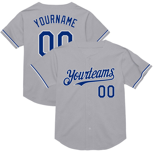 Custom Gray Royal-White Mesh Authentic Throwback Baseball Jersey - Main View