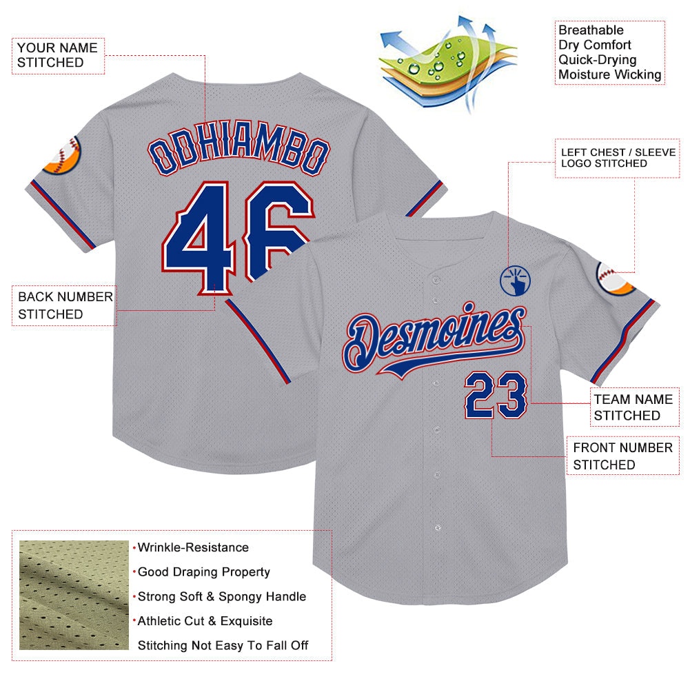 Custom Gray Royal-Red Mesh Authentic Throwback Baseball Jersey view 3