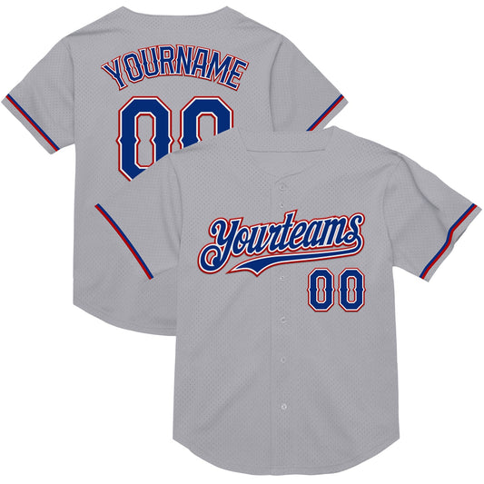 Custom Gray Royal-Red Mesh Authentic Throwback Baseball Jersey - Main View