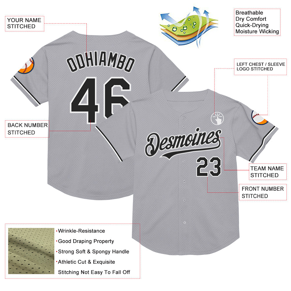 Custom Gray Black-White Mesh Authentic Throwback Baseball Jersey view 3