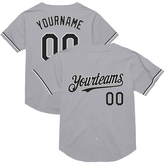 Custom Gray Black-White Mesh Authentic Throwback Baseball Jersey - Main View