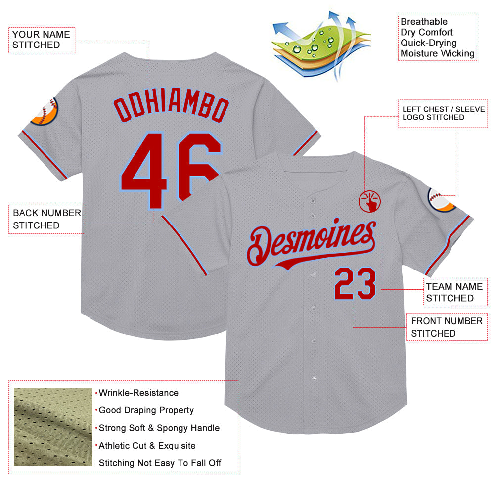 Custom Gray Red-Light Blue Mesh Authentic Throwback Baseball Jersey view 3