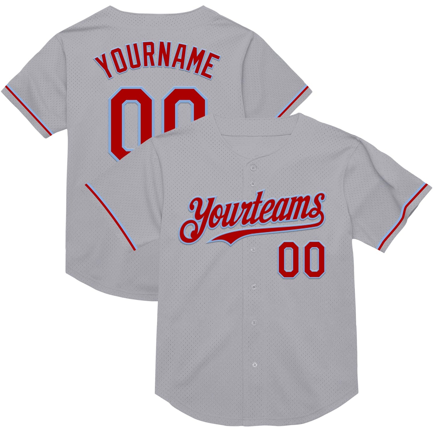 Custom Gray Red-Light Blue Mesh Authentic Throwback Baseball Jersey - Main View