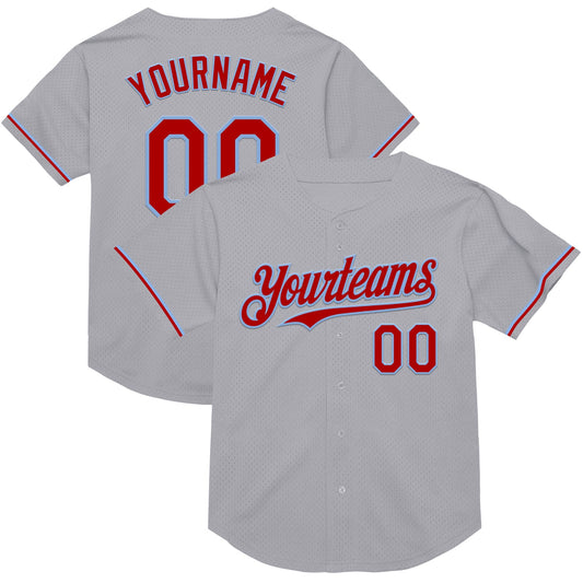 Custom Gray Red-Light Blue Mesh Authentic Throwback Baseball Jersey - Main View