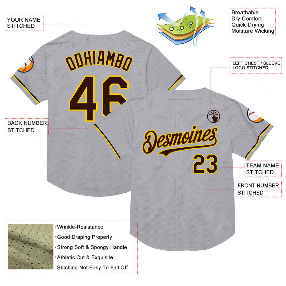Custom Gray Brown-Yellow Mesh Authentic Throwback Baseball Jersey view 3