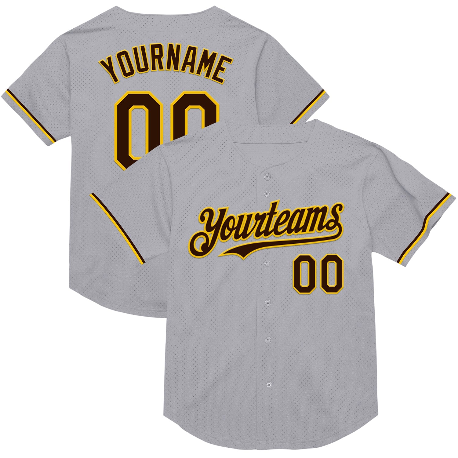 Custom Gray Brown-Yellow Mesh Authentic Throwback Baseball Jersey - Main View