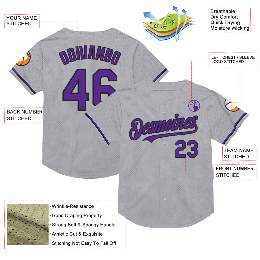 Custom Gray Purple-Black Mesh Authentic Throwback Baseball Jersey view 3