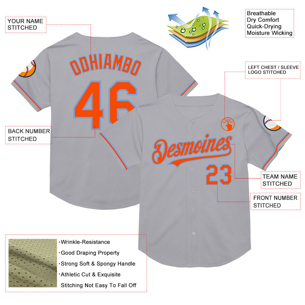 Custom Gray Orange-Powder Blue Mesh Authentic Throwback Baseball Jersey view 3