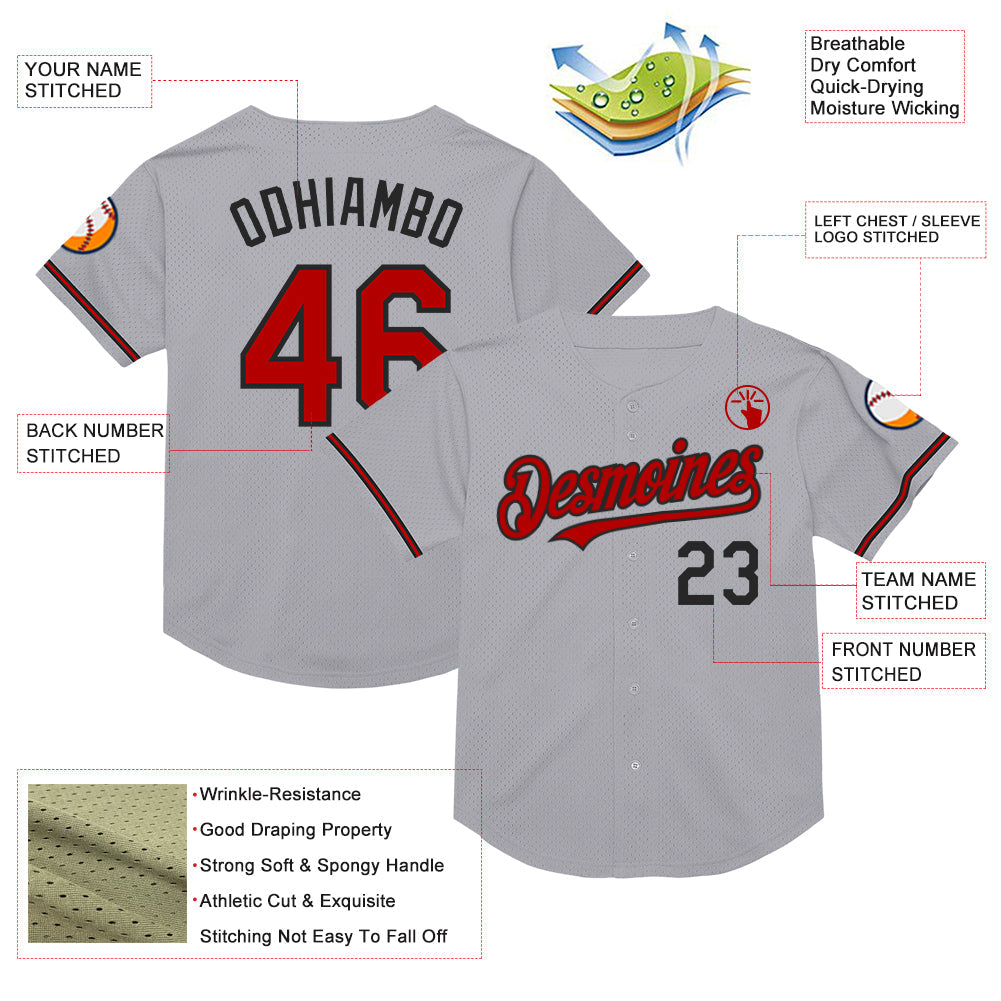 Custom Gray Red-Black Mesh Authentic Throwback Baseball Jersey view 3