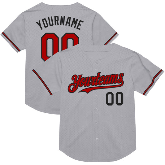 Custom Gray Red-Black Mesh Authentic Throwback Baseball Jersey - Main View