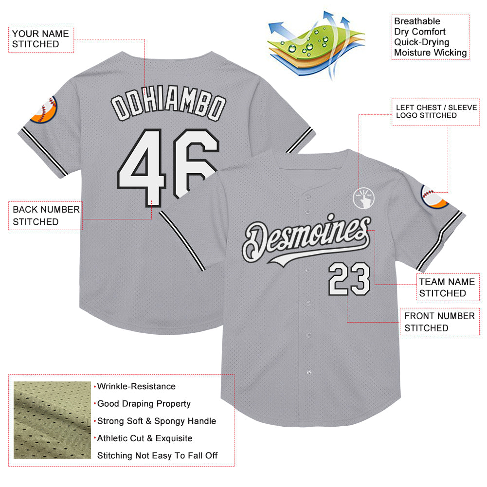 Custom Gray White-Black Mesh Authentic Throwback Baseball Jersey view 3
