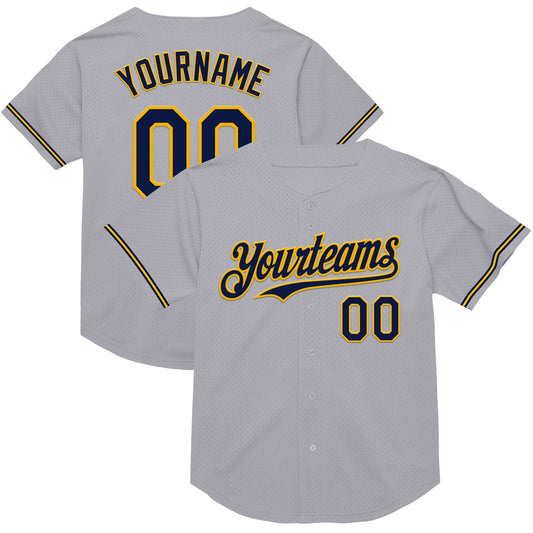 Custom Gray Navy-Gold Mesh Authentic Throwback Baseball Jersey - Main View