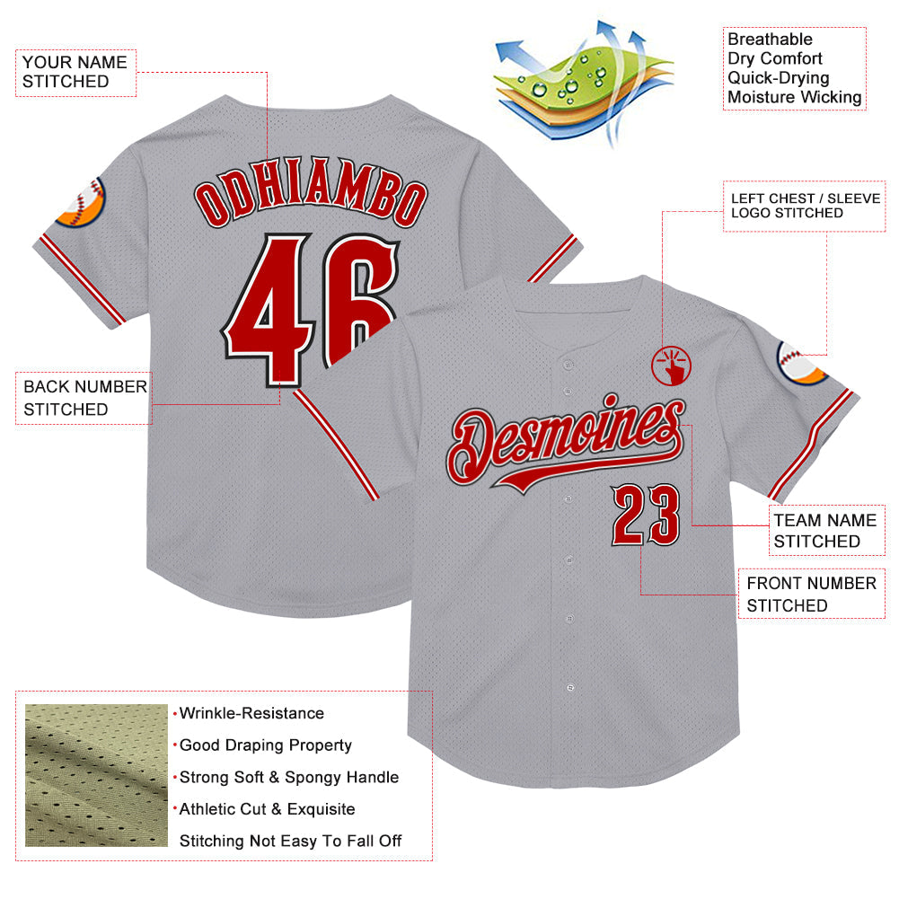 Custom Gray Red-Black Mesh Authentic Throwback Baseball Jersey view 3
